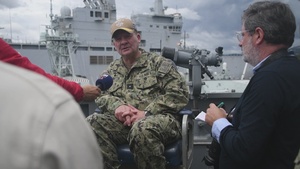 RDML Scott Sciretta, Commander, Standing NATO Maritime Group Two, speaks to the French media