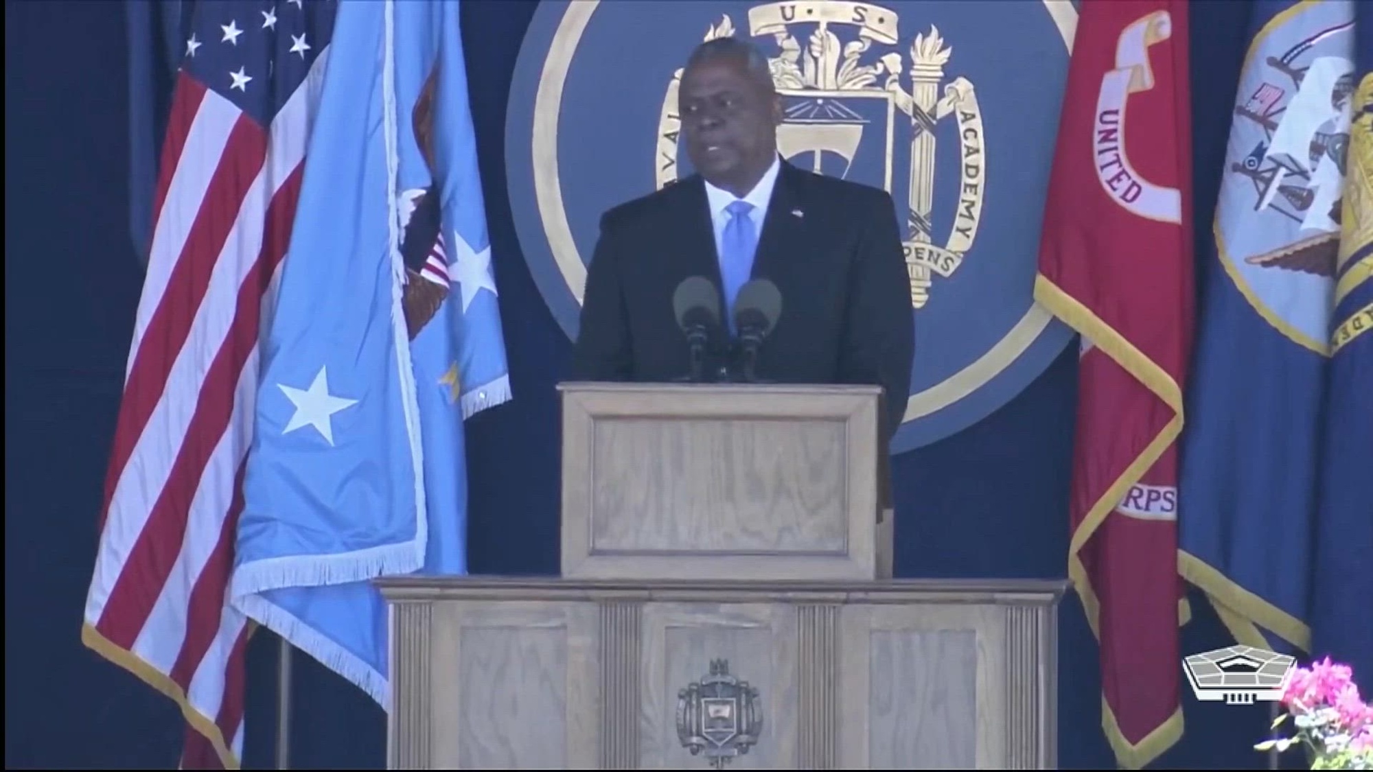 Secretary of Defense Lloyd J. Austin III speaks at the U.S. Naval Academy graduation ceremony.