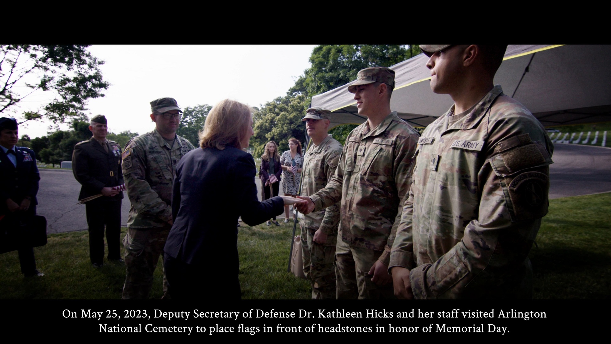 On May 25, Deputy Secretary of Defense Dr. Kathleen Hicks and her staff visited Arlington National Cemetery to place flags at the base of headstones in honor of Memorial Day.