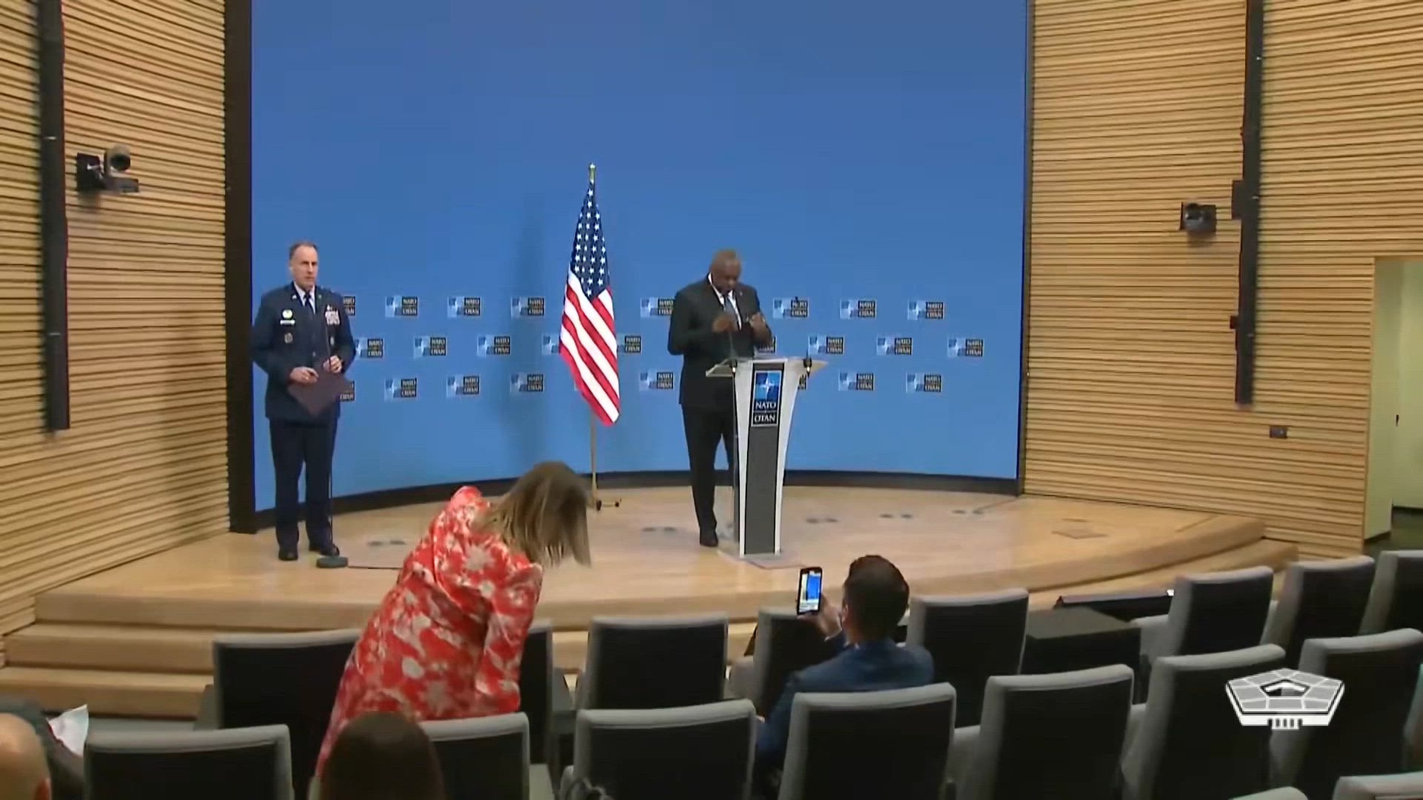 Secretary of Defense Lloyd J. Austin III briefs the news media after a meeting of NATO defense ministers in Brussels.  