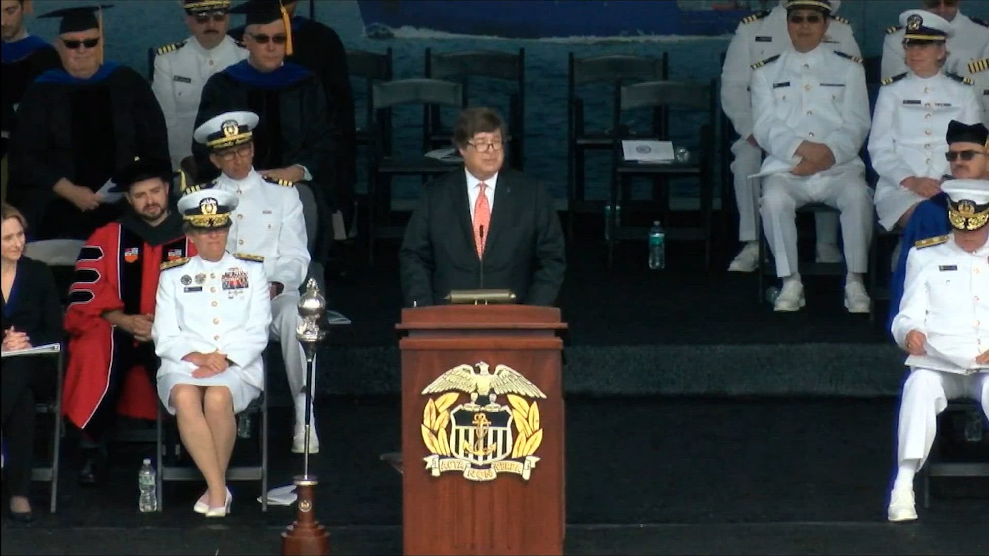 Deputy Defense Secretary Kathleen H. Hicks delivers the opening address at the U.S. Merchant Marine Academy’s commencement ceremony.
