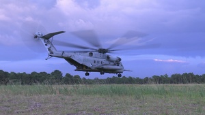 U.S. Marines load ammunition and fly on a CH-53E Super Stallion during Distributed Aviation Operations Exercise 3 (B-Roll)