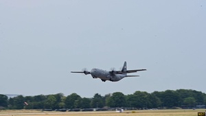 Multiple Air National Guard C-130 aircraft fly final 8-ship formation flight during Air Defender 2023 exercise out of Wunstorf Air Base, Germany