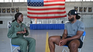 Najee Harris, Pittsburgh Steelers’ running back, interviews Capt. Fiona Akoth, a 34th Special Operations Squadron pilot 2 of 2