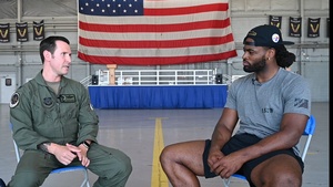 Najee Harris, Pittsburgh Steelers’ running back, interviews U.S. Air Force Col. Adam Schmidt, 15th Special Operation Wing Commander