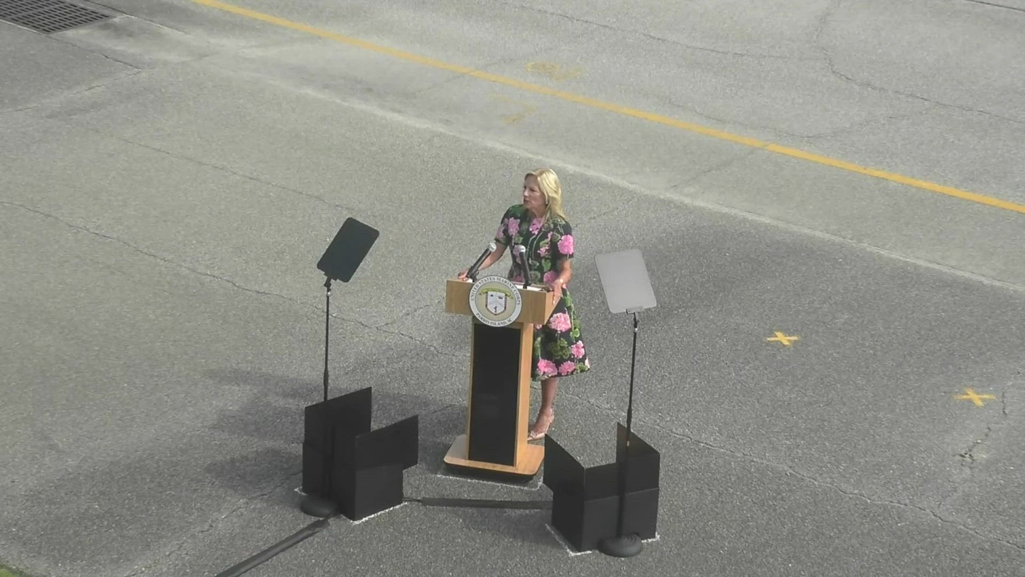 First Lady of the United States Dr. Jill Biden delivers remarks at the graduation ceremony of Fox Company in honor of the 50th Anniversary of the All-Volunteer Military at Marine Corps Recruit Depot Parris Island