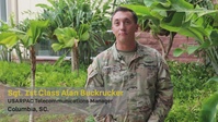 Sgt. 1st Class Alan Buckrucker gives a shout-out to the Kansas City Chiefs