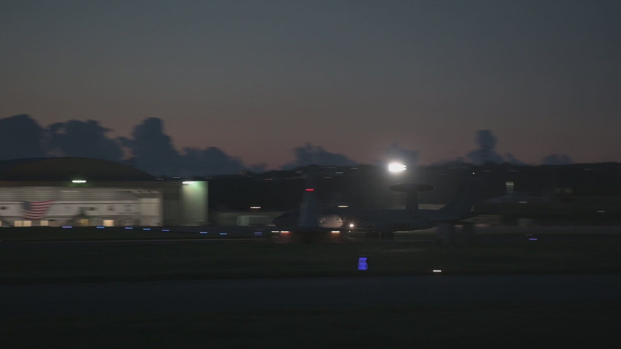 A U.S. Air Force E-3 Sentry assigned to the 960th Airborne Air Control Squadron, Tinker Air Force Base, Oklahoma, takes off in support of Exercise Northern Edge 23-2 at Kadena Air Base, Japan, July 9, 2023. Kadena regularly hosts visiting joint, allied and partner forces to conduct missions to enhance our operational readiness to defend Japan and ensure a free and open Indo-Pacific. (U.S. Air Force video by Senior Airman Yosselin Campos)