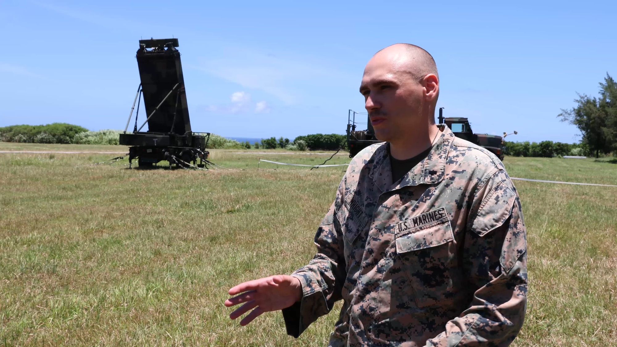 U.S. Marine Corps 1st Lt. Keith Wright, an air defense control officer with Marine Air Control Squadron (MACS) 4, discusses expeditionary advanced base operations during Northern Edge (NE) 23-2 at Ie Shima, Okinawa, Japan, July 13, 2023. 1st MAW Marines are participating in the joint, multidomain training exercise July 2-21, 2023. NE23-2 is a U.S. Indo-Pacific Command exercise designed to practice tactics, techniques, and procedures; to improve command, control and communication relationships; and to improve interoperability of participating forces. (U.S. Marine Corps video by Cpl. Kyle Chan)
