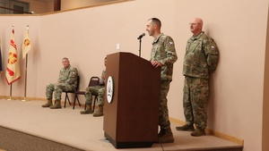 Fort McCoy Garrison commander gives remarks during 2023 U.S. Army Garrison-Fort McCoy Headquarters and Headquarters Company change-of-command ceremony