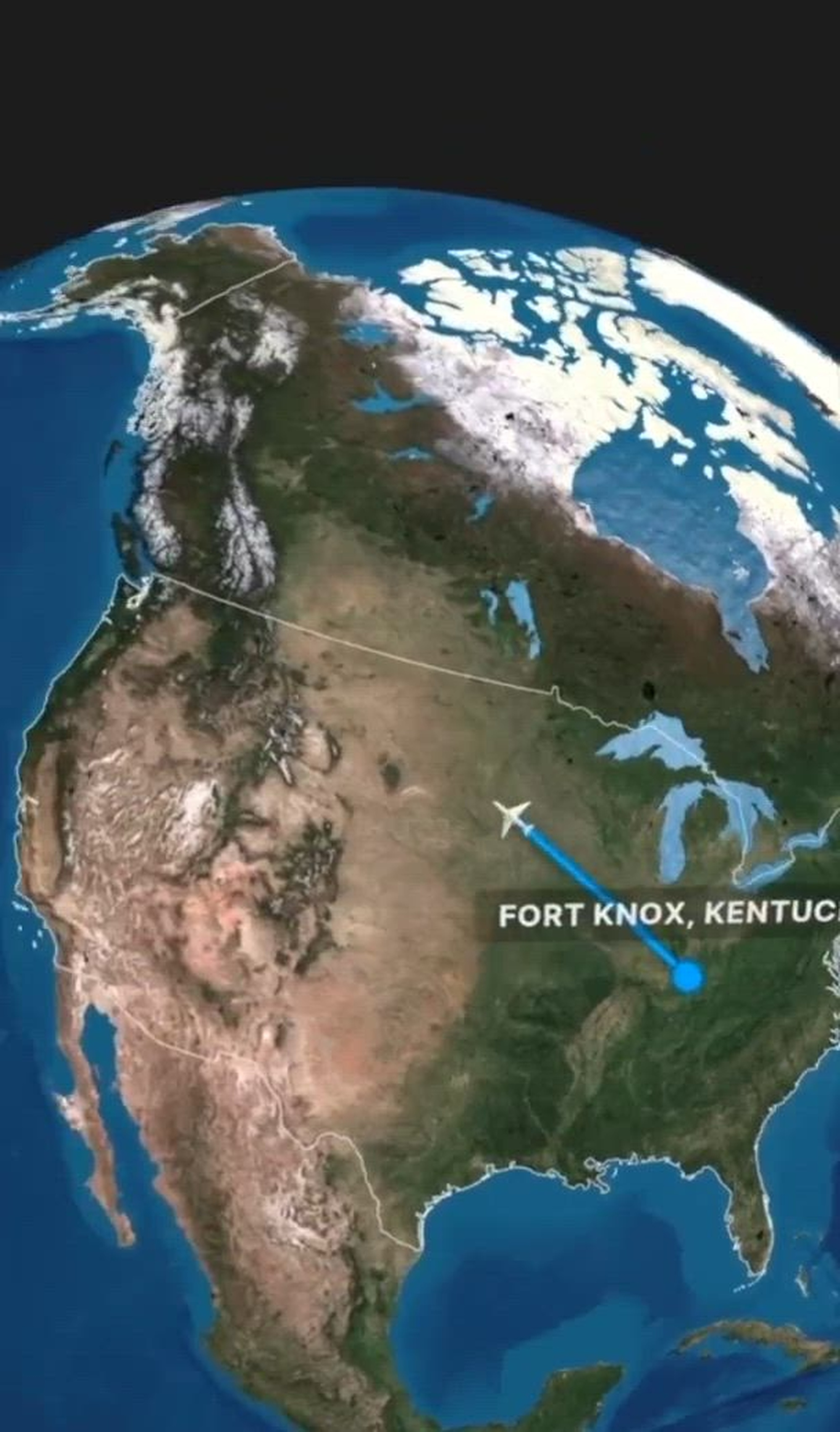 Illustrated view of North America on the globe, with Fort Knox, Ky., pinpointed. 