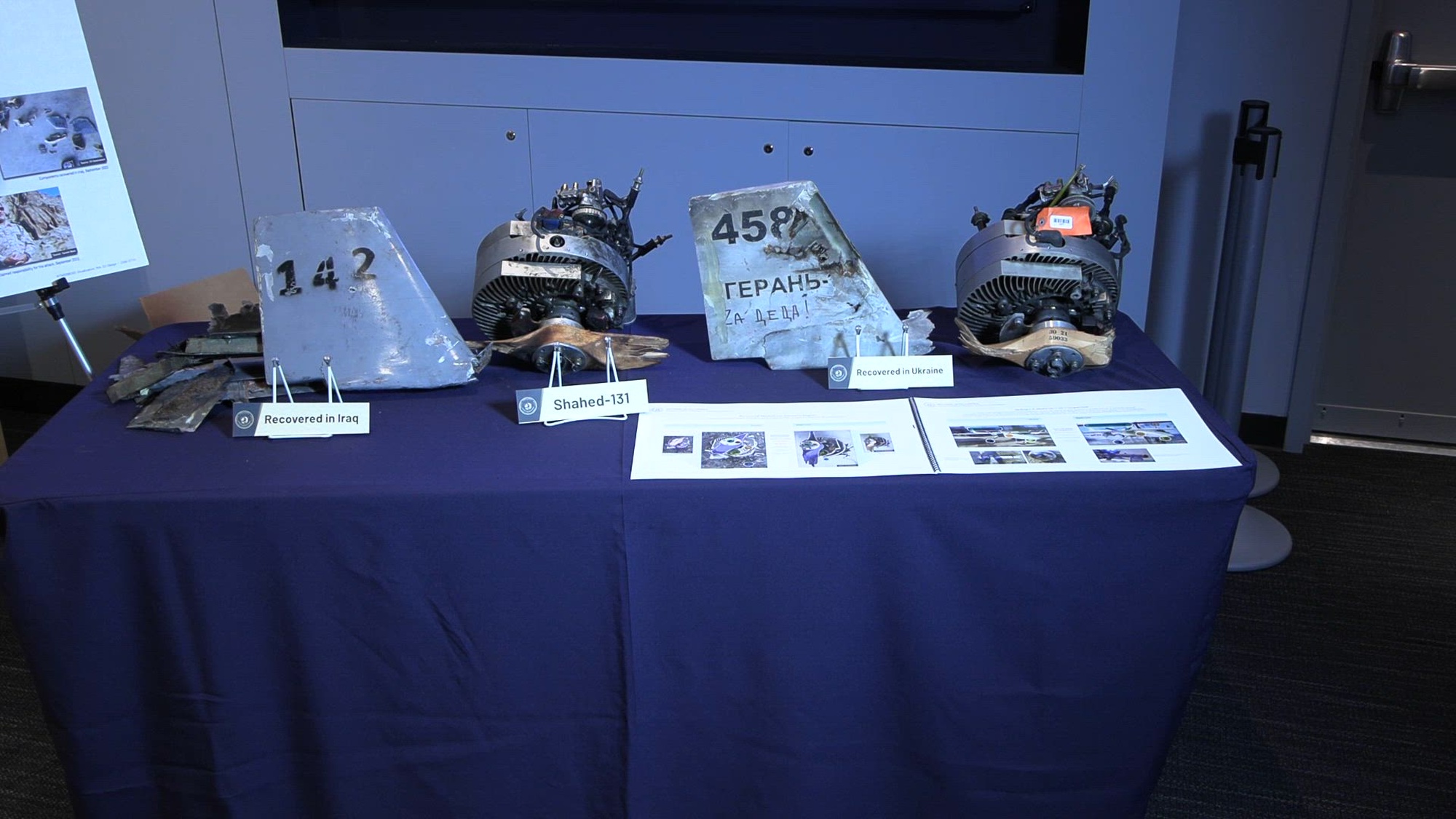 B-roll package of an Iranian UAV Display that provides a visual comparison of UAVs used by Russian forces in Ukraine and Iranian UAVs used to attack U.S. and partner interests in the Middle East. Audio visual product depicting UAV debris and components from Ukraine are consistent with systems showcased at military expos and other venues in the Middle East.