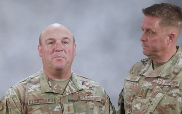 Maj. Gen. Barry Blanchard and Chief Master Sgt. John Myers address the MSNG