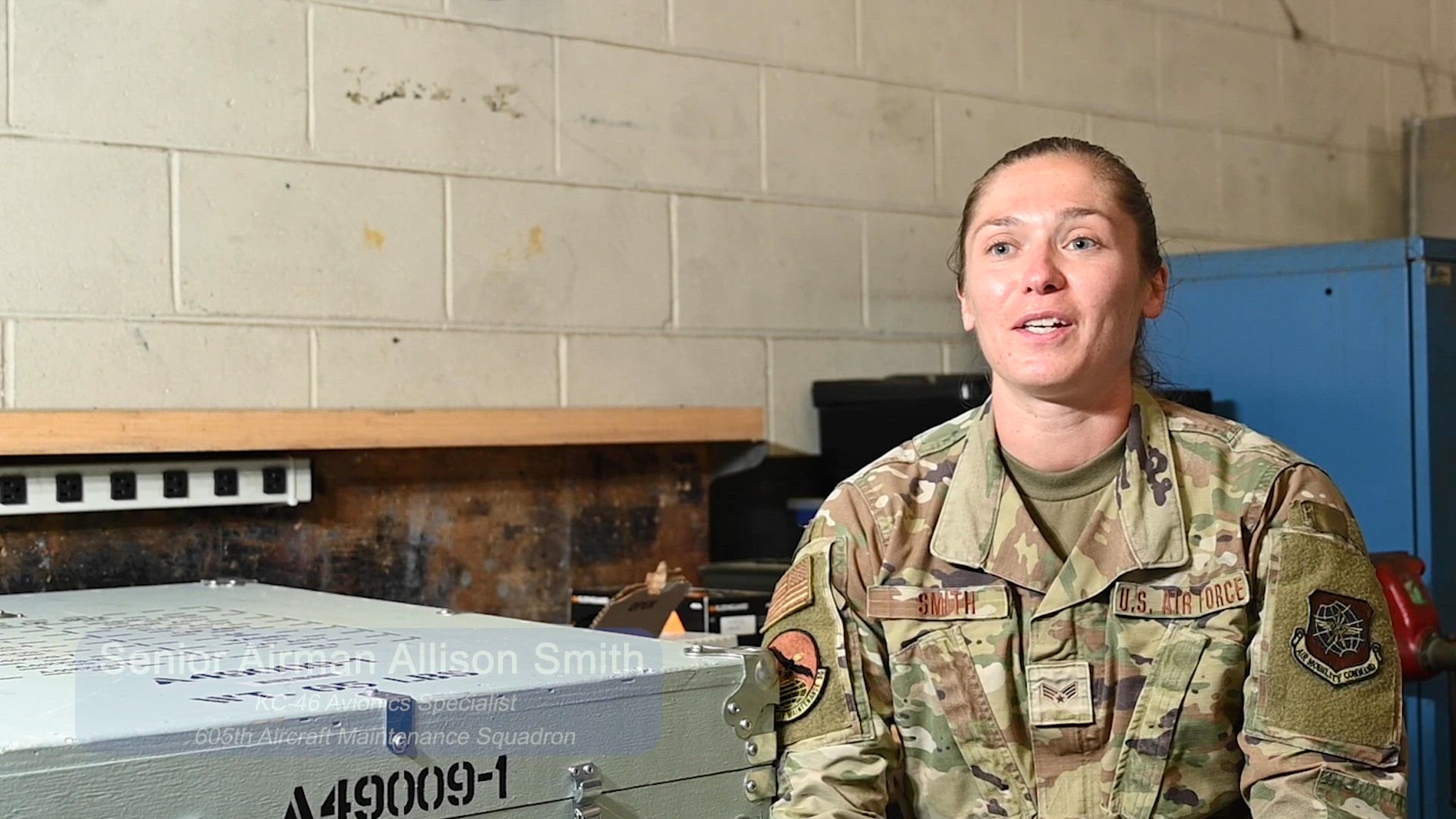 U.S. Air Force Senior Airman Allison Smith, KC-46 avionics specialist, 605th Aircraft Maintenance Squadron, shares her story about the journey of being diagnosed with multiple sclerosis at Joint Base McGuire-Dix-Lakehurst, N.J., Aug. 8, 2023.