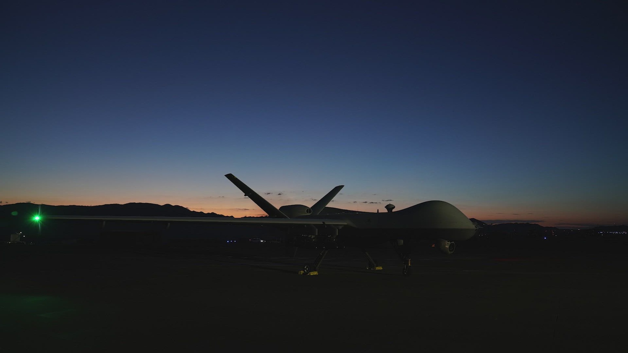 A time-lapse of a U.S. Air Force MQ-9 Reaper sitting on the flight line at Marine Corps Air-Ground Combat Center, Twentynine Palms, California, August 17, 2023. The Reaper, assigned to the 432nd Wing/432nd Air Expeditionary Wing, participated in the U.S. Marine Corps Service Level Training Exercise. (U.S. Air Force video by Senior Airman Ariel O&#39;Shea)