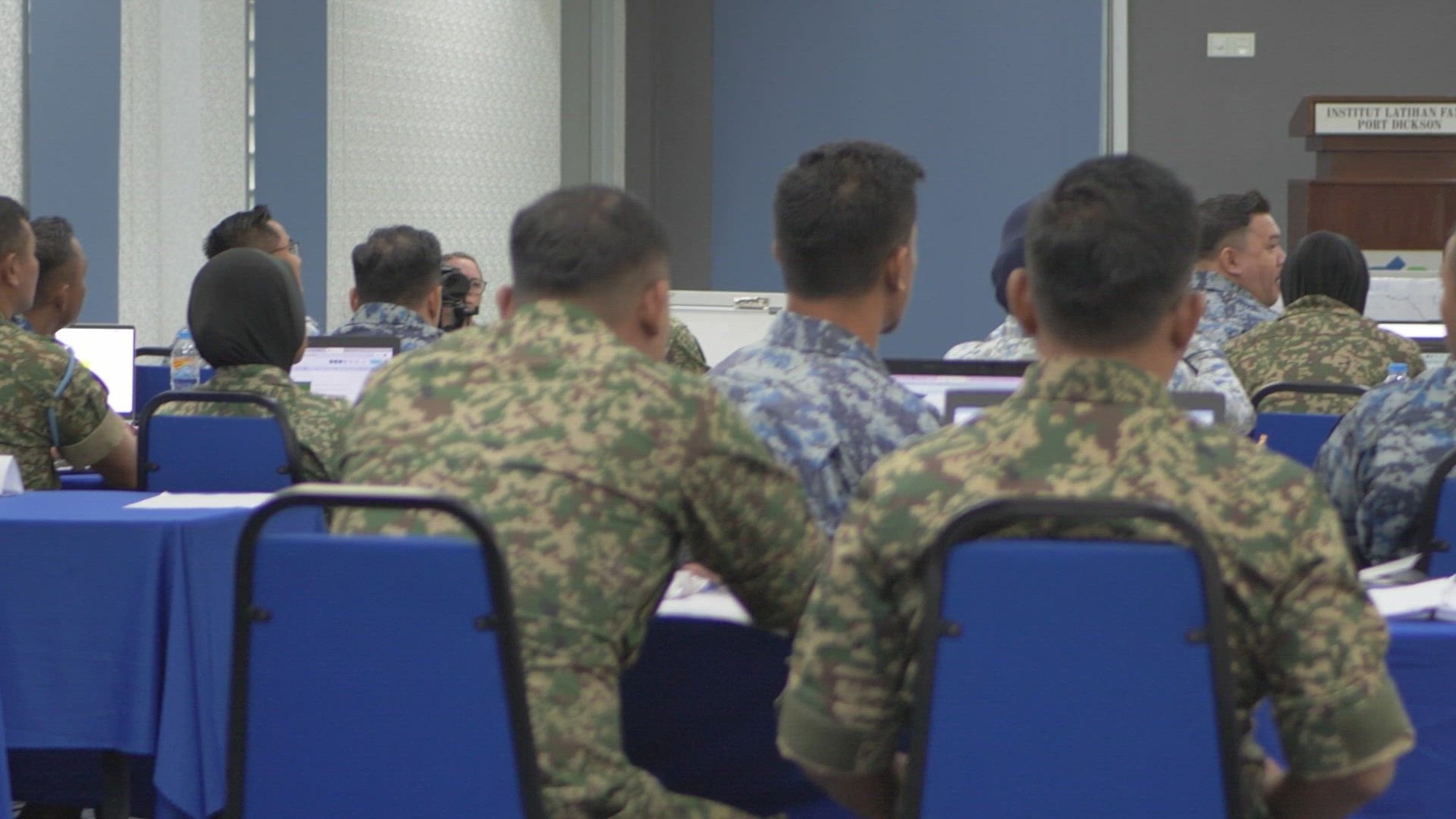Soldiers with the Malaysian Armed Forces participate as students during the Malaysian Peacekeeping Intelligence (MPKI) course during Keris Aman 23 at the Malaysian Peacekeeping Centre on August 22, 2023. MPKI is a key part of the Critical Enabler Capability Enhancement Event for Keris Aman that enhances the United Nations intelligence operations and capabilities while growing the knowledge and cohesion of the Peacekeepers attending the course.(Video by Petty Officer Victoria Schiebel and A1C Caroline Strickland)
