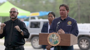 Governor Ron DeSantis Holds Press Conference During Hurricane Idalia Recovery in Live Oak, Florida (Two Camera Angles)