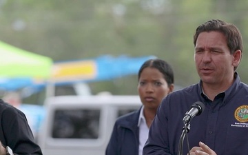 Governor Ron DeSantis Holds Press Conference During Hurricane Idalia Recovery in Live Oak, Florida (Two Camera Angles)