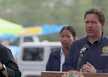 Governor Ron DeSantis Holds Press Conference During Hurricane Idalia Recovery in Live Oak, Florida (Two Camera Angles)