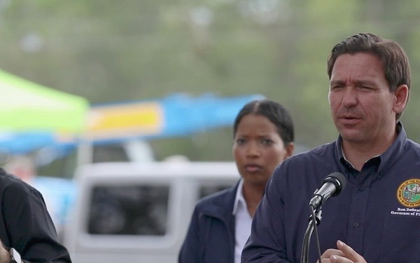 Governor Ron DeSantis Holds Press Conference During Hurricane Idalia Recovery in Live Oak, Florida (Two Camera Angles)
