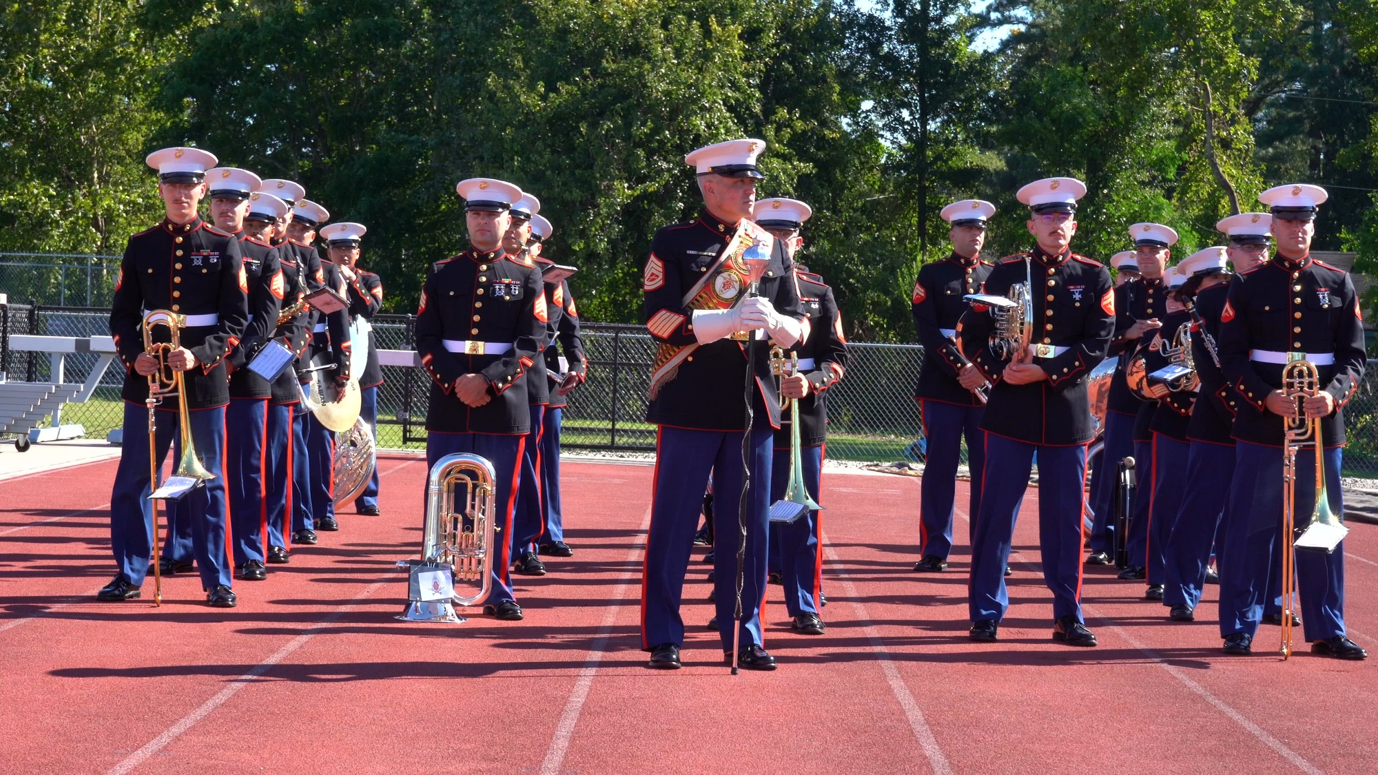U.S. Marines with 2d Marine Division Band Performs during half time at the University of North Carolina, in Pembroke football game September 4, 2023. U.S. Marines with the 2d Marine Division Band took this opportunity to perform for members of the community and spread awareness of the Marine Corps (U.S. Marine Corps Video by Lance Cpl. Max Arellano)