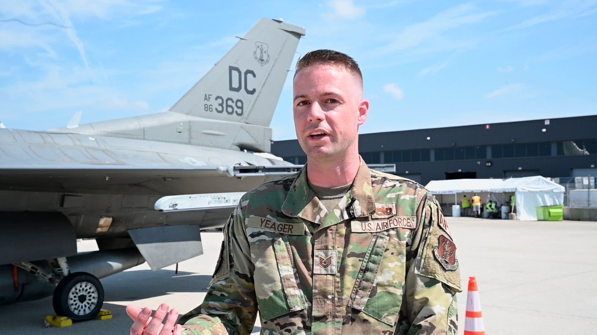 Members of the 113th Wing, District of Columbia Air National Guard, engage with the public during the Dulles Day Festival and Plane Pull at Dulles International Airport, September 9, 2023. Attendees had an opportunity to speak with pilots, maintainers, recruiters and get up-close views of an F-16 and C-40 aircraft. (U.S. Air National Guard video by Master Sgt. Arthur Wright and Tech. Sgt. Melissa Sterling)