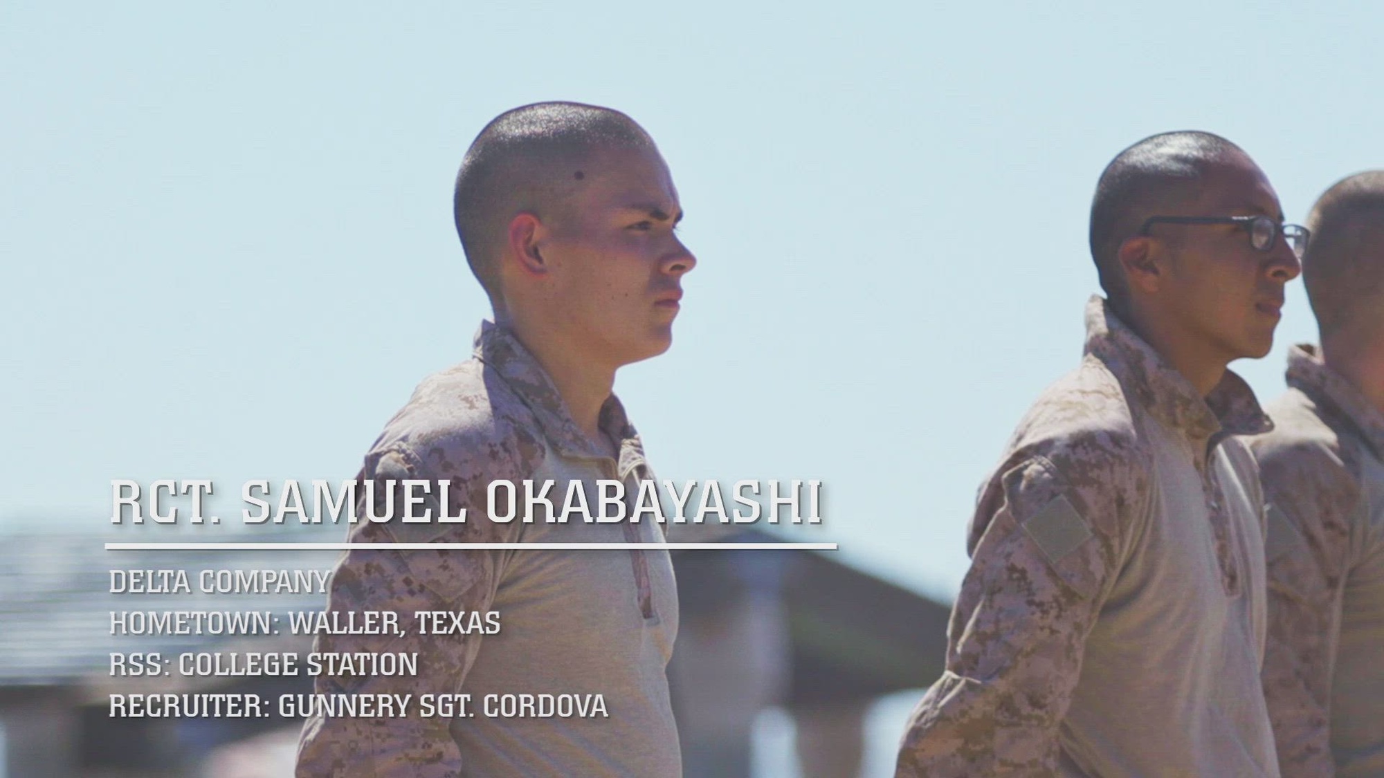 Rct. Samuel Okabayashi, from Waller, Texas, assigned to Delta company, 1st Recruit Training Battalion, discusses his boot camp experience during the confidence course training at Marine Corps Recruit Depot, San Diego. The course was designed to challenge the recruits physical and mental agility by overcoming obstacles that required strength, balance, and determination.