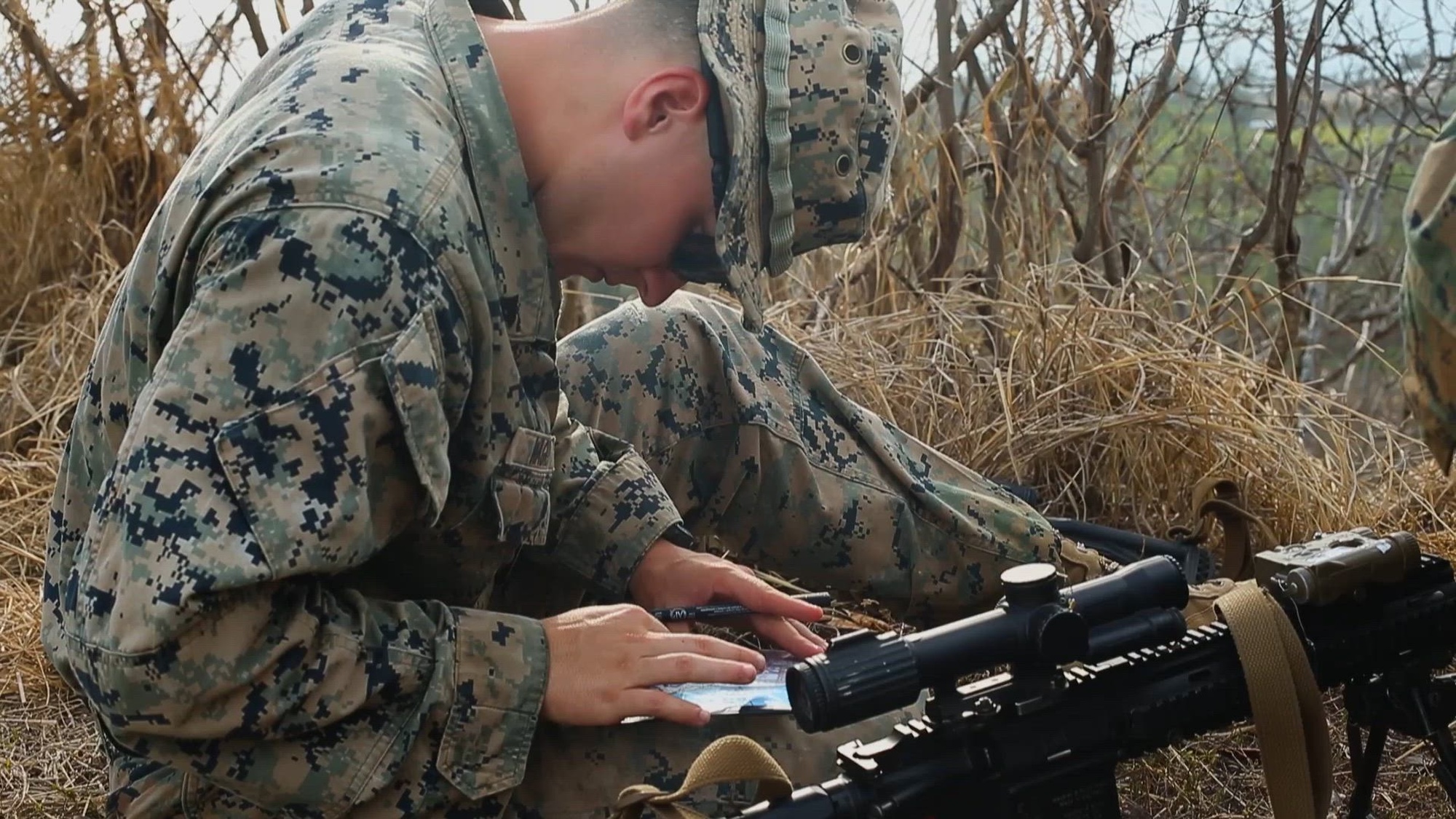 U.S. Marines and Sailors with 3d Littoral Combat Team, 3d Marine Littoral Regiment, 3d Marine Division, conduct land navigation training on Marine Corps Training Area Bellows, Hawaii, Sept. 21, 2023. The purpose of the training was to enhance skills in navigation in order to improve 3d LCT’s ability to locate, close with, and destroy the target or seize key terrain. (U.S. Marine Corps video by Sgt. Jacqueline C. Parsons-Weidman)