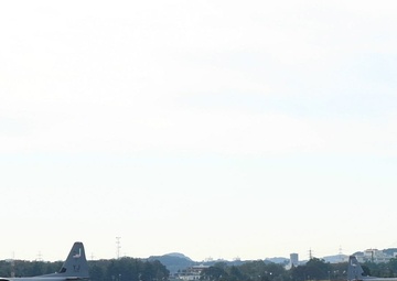 B-roll: Three C-130J Super Hercules' take off at Yokota during BM24-1