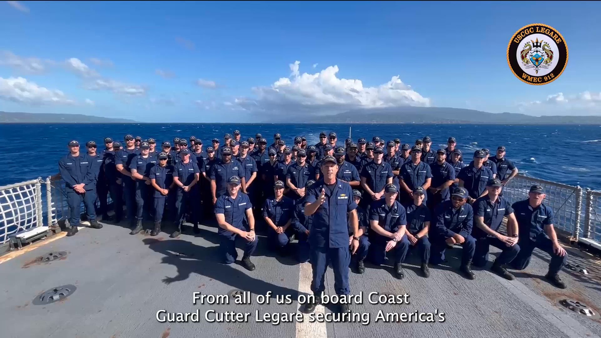 The command and crew of the U.S. Coast Guard Cutter Legare (WMEC 912) gather on the flight deck for a Veterans Day message at sea in the Atlantic Ocean on Nov. 3, 2023. Legare is on a safety and security patrol in support of Homeland Security Task Force – Southeast's Operation Vigilant Sentry to address irregular maritime migration. (U.S. Coast Guard video by Petty Officer 1st Class Nicholas Bulldis)