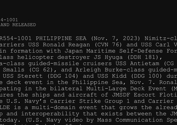 Ronald Reagan and Carl Vinson Carrier Strike Groups steam in formation with Japan Maritime Self-Defense Force (JMSDF) first-in-class helicopter destroyer JS Hyuga (DDH 181) during Multi-Large Deck Event