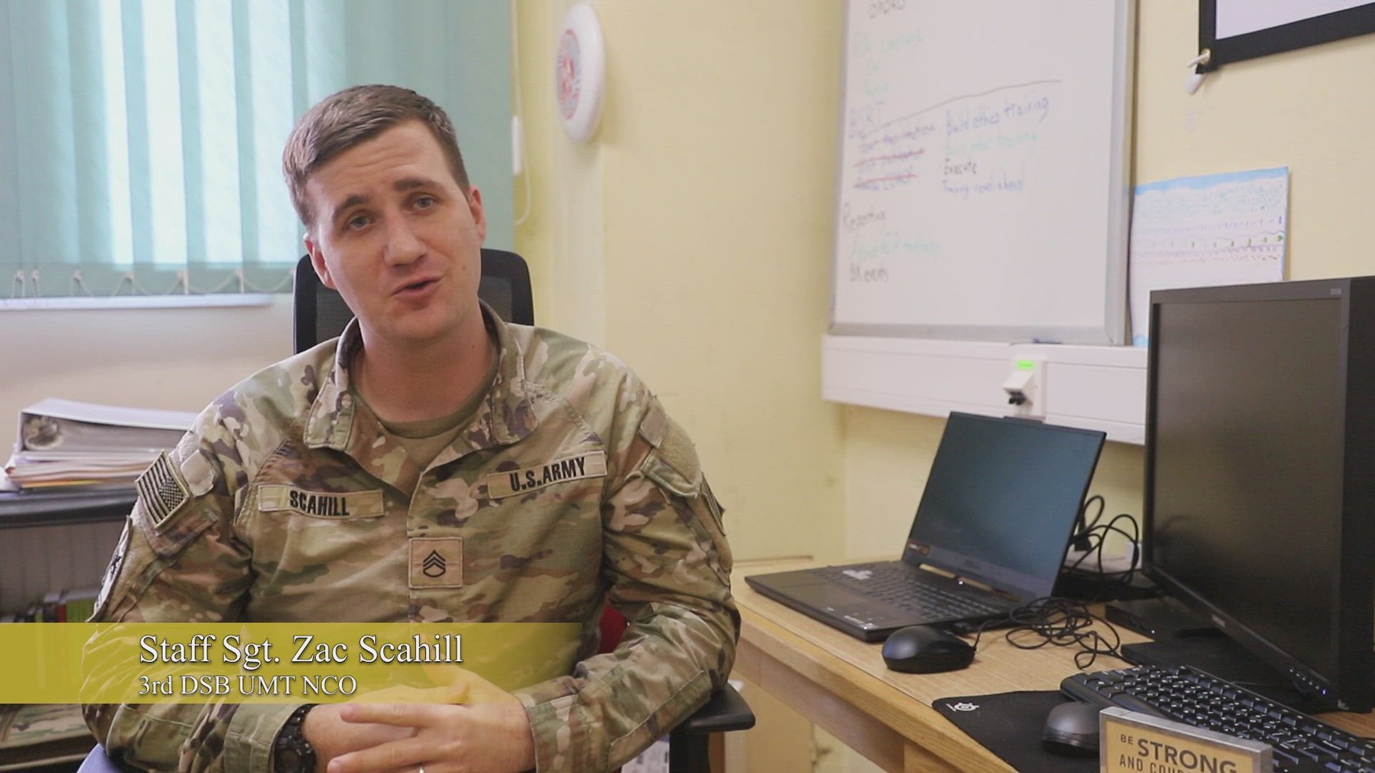 U.S. Army Staff Sgt. Zac Scahill, the unit ministry noncommissioned officer for the 3rd Division Sustainment Brigade, 3rd Infantry Division, and Sgt. 1st Class Paul Teregeyo, the brigades' Sexual Assault Response Coordinator, explains the importance of having healthy relationships available for Soldiers while deployed at Forward Operating Site Powidz, Poland, Nov. 8, 2023. The prevention workforce's mission is to provide holistic and creative initiatives to support Soldiers across the eight protective factors: food security, personal wellness, leadership, healthy outlets, healthy relationships, spiritual connectedness, finance, safe housing, and communities. (U.S. Army Video by Spc. Elsi Delgado)