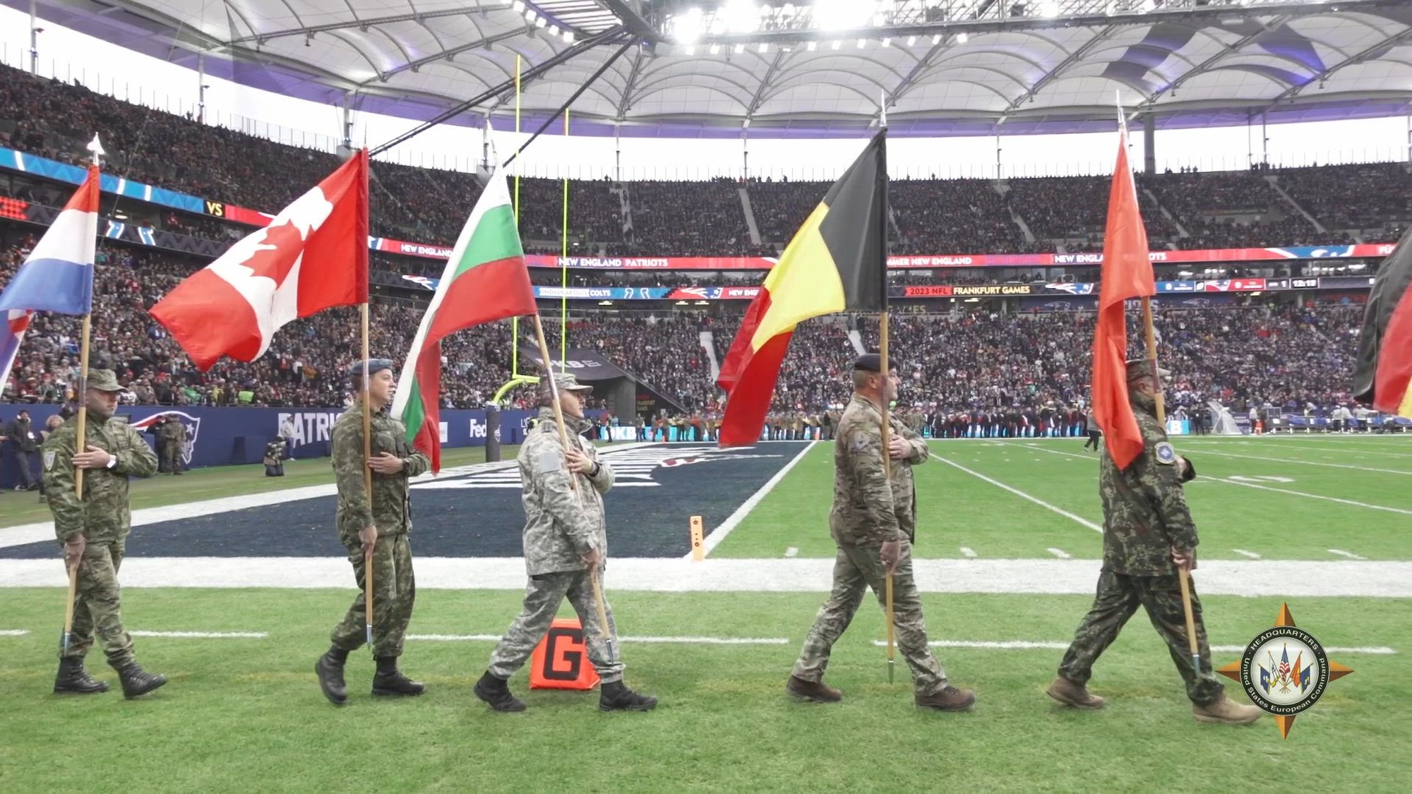 Thirty-two service members representing NATO countries participated in the opening ceremony for an NFL Frankfurt football game, held Nov. 12, 2023, in Frankfurt, Germany. The color guard represented NATO's unity and collective resolve to deter aggression and defend the Euro-Atlantic region. (U.S. Army video by Staff Sgt. Aaron Daugherty)