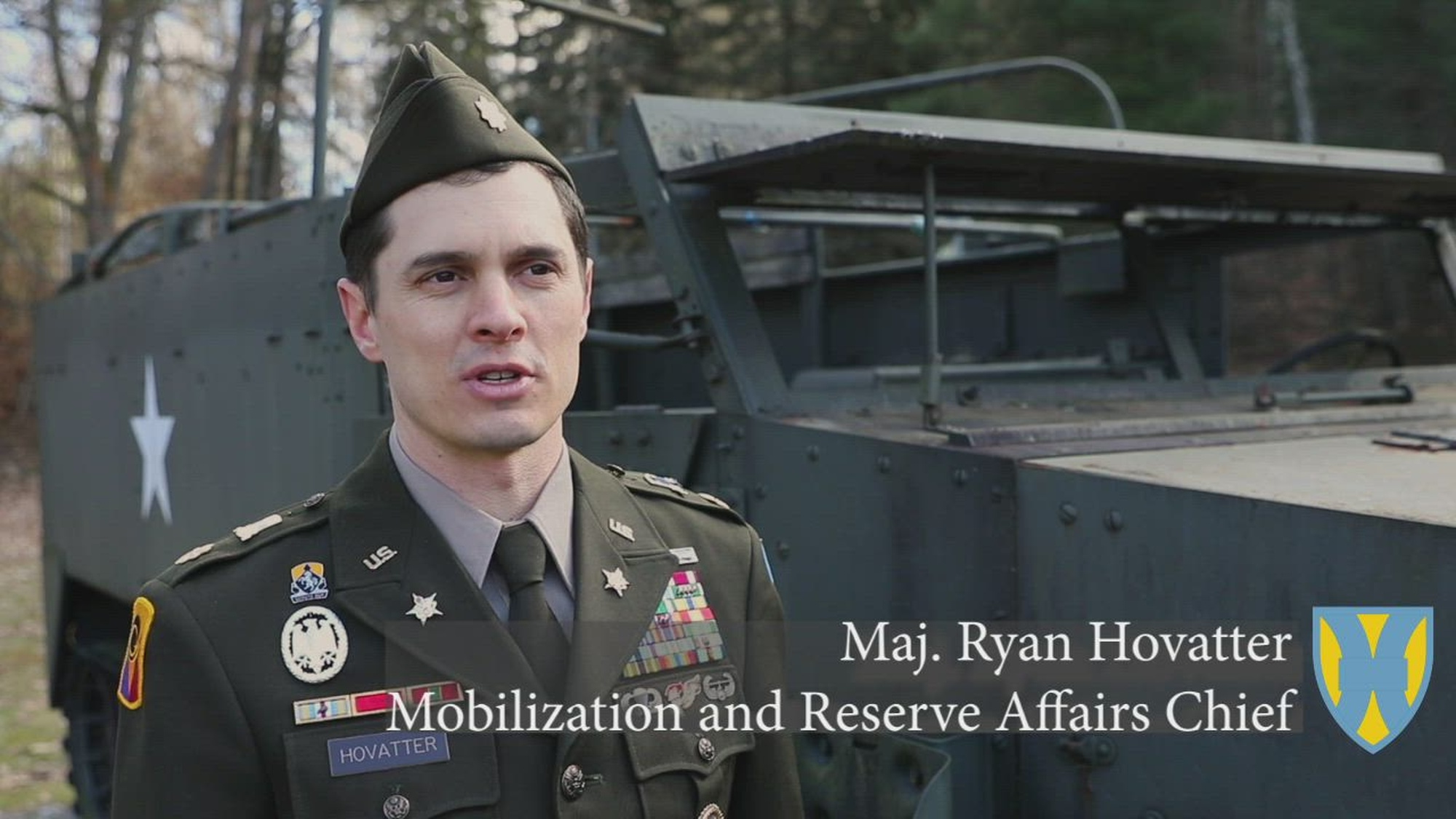 U.S. Army Maj. Ryan Hovatter, mobilization and reserve affairs chief, 21st Theater Sustainment Command, gives an interview detailing the importance of the Red Ball Express within World War Two on Panzer Kaserne, Kaiserslautern, Germany, on March 2, 2023. (U.S. Army video by Sgt. Andrew Jo)