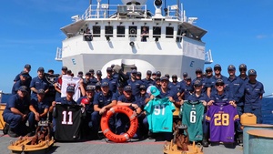 U.S. Coast Guard Cutter Bear (WMEC 901) shares a sports message while deployed