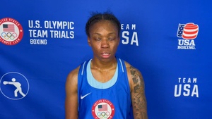 Sgt. Lisa Greer speaks after her first-round victory in the 2024 U.S. Olympic Trials for Boxing