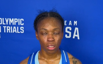 Sgt. Lisa Greer speaks after her first-round victory in the 2024 U.S. Olympic Trials for Boxing