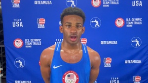 Pfc. Obed Bartee-El of the U.S. Army World Class Athlete Program talks after his 176-pound semifinal
