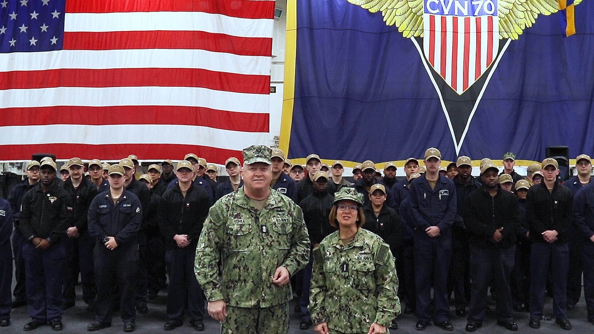 Chief of Naval Operations Adm. Lisa Franchetti and Master Chief Petty Officer of the Navy James Honea deliver a message for the 2023 Holiday Season. (U.S. Navy video by Chief Mass Communication Specialist Michael B Zingaro/Released)