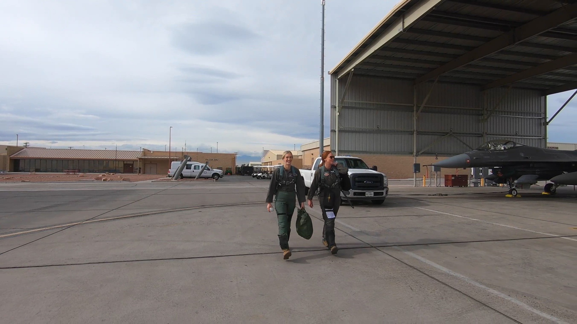 U.S. Air Force 2nd Lt. Madison Marsh prepares for her familiarization flight in an F-16D Fighting Falcon, assigned to the 422nd Test and Evaluation Squadron, at Nellis Air Force Base, Nev., Dec. 19, 2023. Marsh is a U.S. Air Force Academy graduate and reigning Miss Colorado, competing for the crown of Miss America. (U.S. Air Force video by Senior Airman Jose Miguel T. Tamondong)