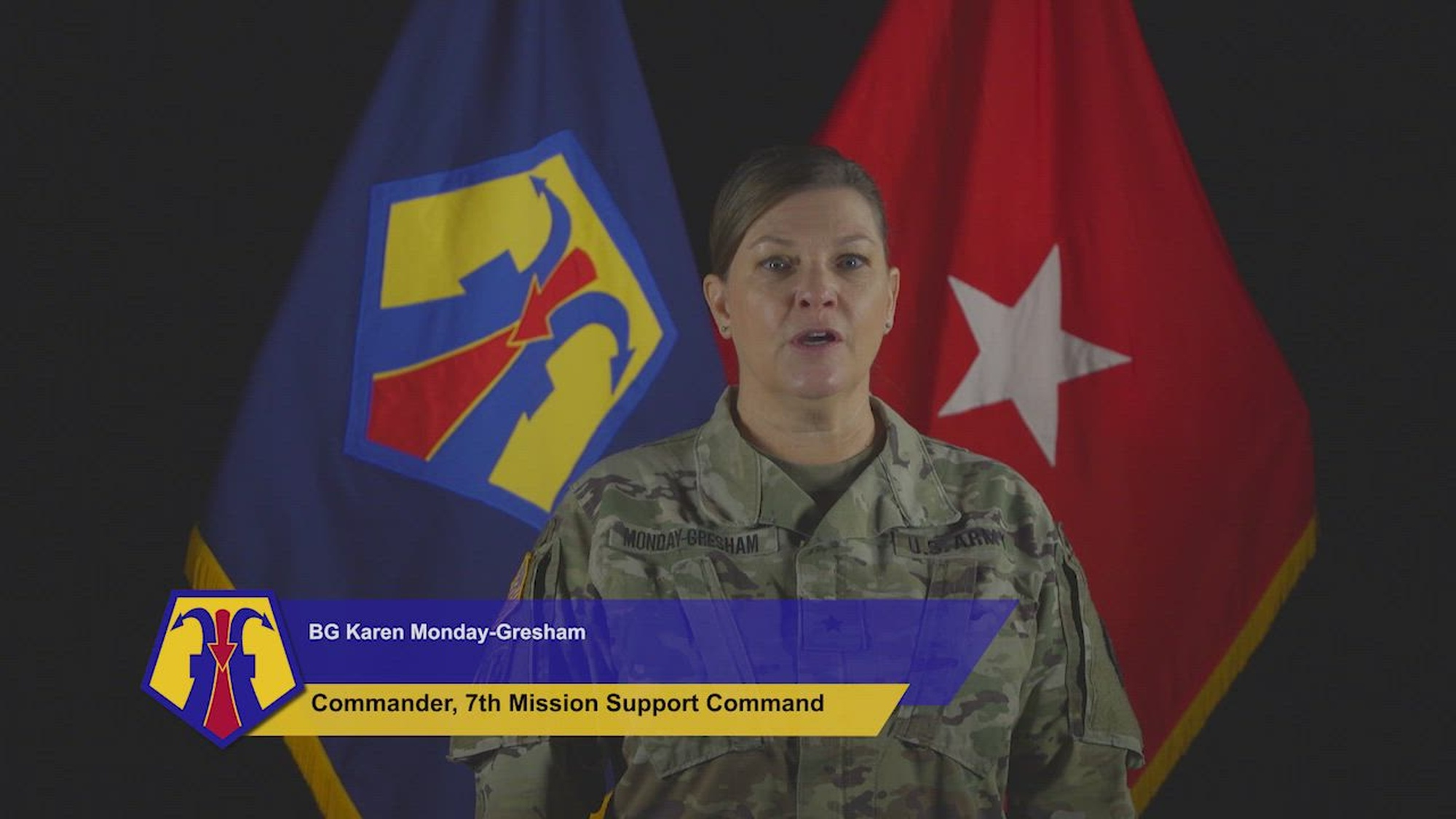 Brig. Gen. Karen Monday-Gresham, 7th Mission Support Command Deputy Commanding General, speaks on U.S. Army Reserve information for Soldiers in Europe. (U.S. Department of defense video by Senior Airman Jan K. Valle)