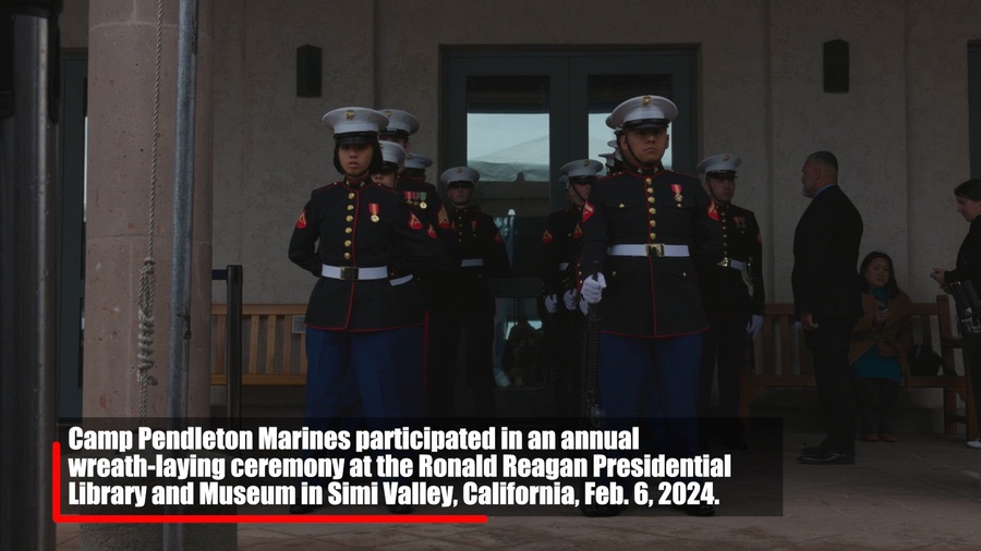 Marine Corps Base Camp Pendleton Marines participate in an annual wreath-laying ceremony at the Ronald Reagan Presidential Library and Museum in Simi Valley, California, Feb. 6, 2024. This ceremony is an annual event to commemorate the life and legacy of the 40th president of the United States, Ronald Reagan, and is held every year on his birthday by presidential declaration. (U.S. Marine Corps video by Lance Cpl. Estrada)