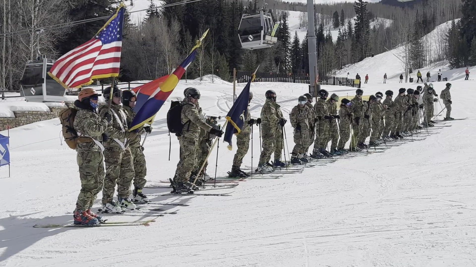 B-Rol of Soldiers with the 10th Mountain Division, descendants, veterans, and members of the community participated in Vail Ski Resort’s longest single-run ski trail. (U.S. Army video by Capt. Eric-James Estrada)