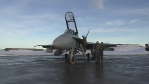 U.S. Marine Corps F/A-18D Hornet takes flight in Norway in preparation for Exercise Nordic Response 24 (B-Roll)