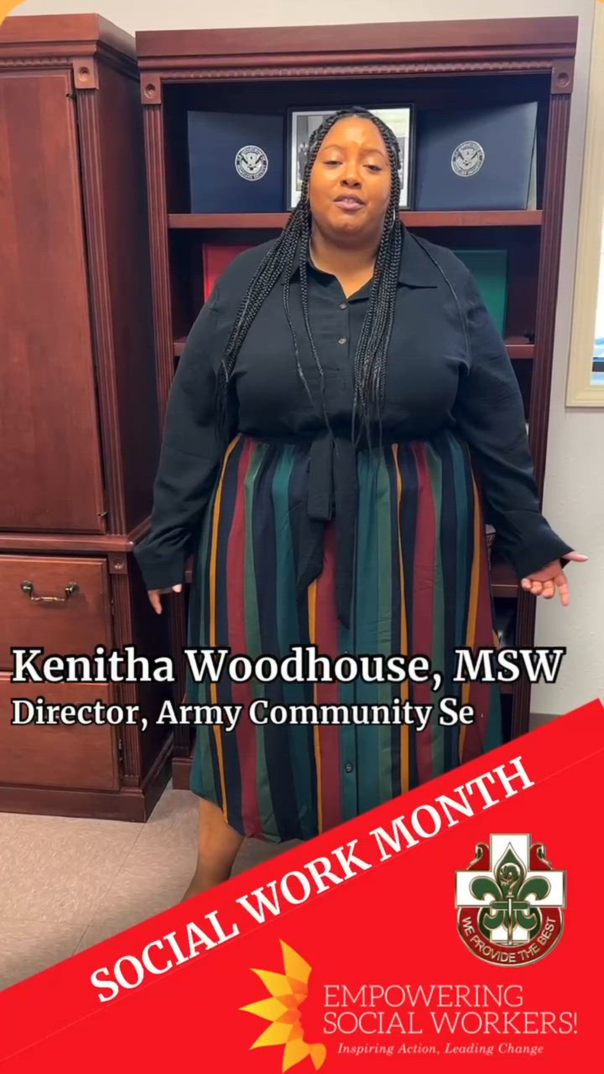 Bayne-Jones Army Community Hospital celebrates the important contributions made by Social Workers in honor of Social Work Month, March 2024 with a series of trendy videos to highlight the profession at the Joint Readiness Training Center and Fort Johnson, Louisiana. <br /><br />Featuring:  Kenitha Woodhouse, master of social work, director, Army Community Service; Marsha Jones, bachelor of social work, ACS Family Advocacy Program; Tiffany Koch, school liaison officer, Child and Youth Services; and Temeka Long, MSW, New Parent Support Program.