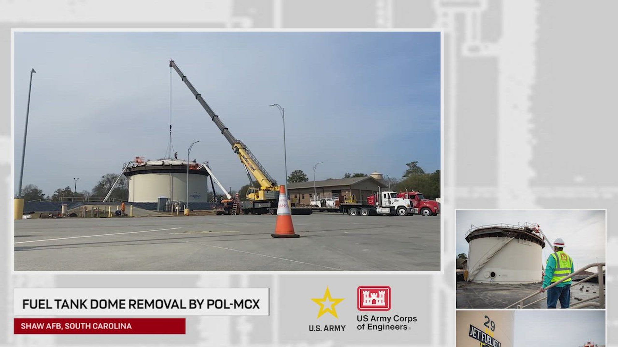 Members of the USACE Omaha District Fueling Systems Mandatory Center for Expertise (POL-MCX) were out at Shaw Air Force Base, South Carolina to oversee the removal of a 7,200 lb. dome roof from one of their large jet fuel tanks. The tank, which contributes directly to thousands of flight hours conducted at Shaw annually by the 20th Fighter Wing as well as the readiness of our military, will be updated to minimize the potential for water leaks.<br /><br />The POL-MCX is recognized by the U.S. Department of Defense as the national authority fuel systems program. The all-inclusive Design Center provides technical guidance, construction placement, project management, project-specific training and contract administration.