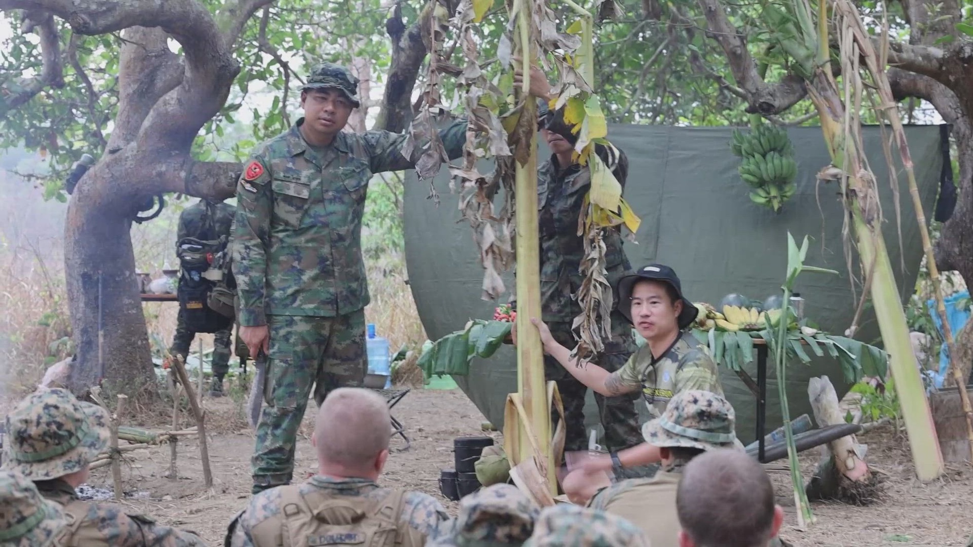 U.S. Marines assigned to Charlie Company, Battalion Landing Team 1/5, 15th Marine Expeditionary Unit, learn jungle survival tactics from Royal Thai Marines assigned to 2nd Battalion during Exercise Cobra Gold, Chanthaburi province, Kingdom of Thailand, March 2, 2024. Cobra Gold, now in its 43rd year, is a Thai-U.S. co-sponsored training event that builds on the long-standing friendship between the two allied nations and brings together a robust multinational force to promote regional peace and security in support of a free and open Indo-Pacific. (U.S. Marine Corps video by Cpl. Aidan Hekker)