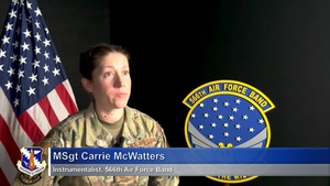 Master Sgt. Carrie McWatters and Master Sgt. James Barnard discuss the history of the 566th Air Force Band