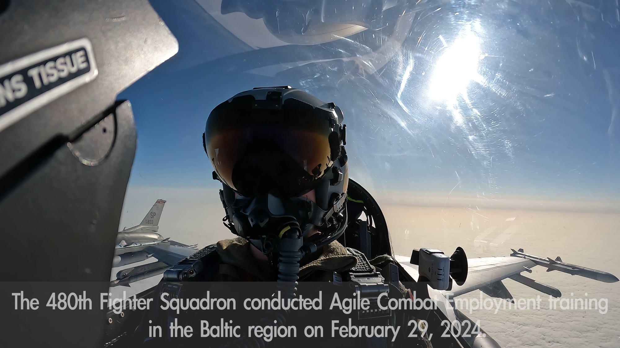 U.S. Air Force F-16 Fighting Falcon pilots assigned to the 480th Fighter Squadron practice fighter maneuver training over Estonia, Feb. 29, 2024. After the 100th Air Refueling Wing’s KC-135s provided fuel to 52nd Fighter Wing F-16s, the 480th FS interacted with Estonian Defense Forces and Polish Air Forces on the ground, strengthening the NATO alliances and developing partnerships. (U.S. Air Force video by Airman 1st Class Albert Morel )