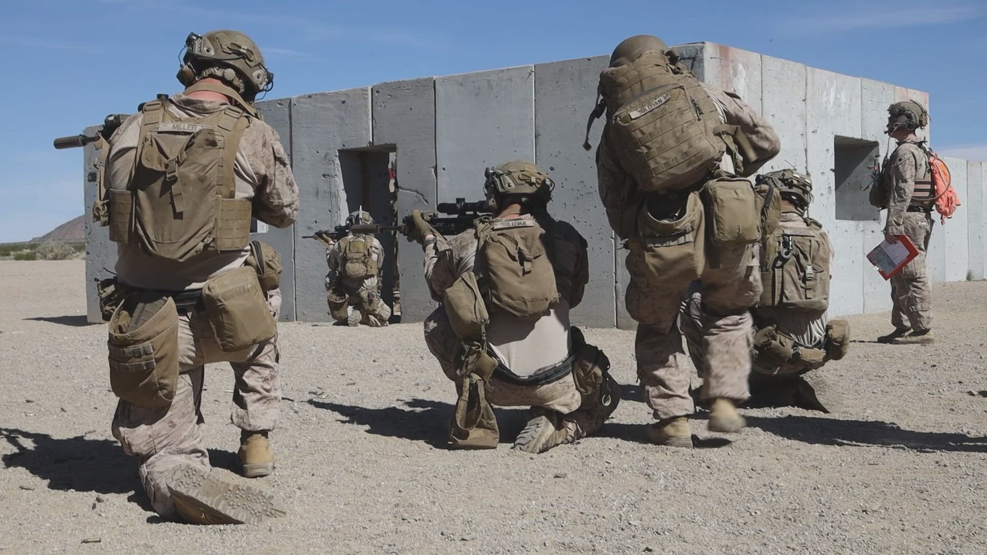 U.S. Marines with Tactical Training and Exercise Control Group, Marine Air-Ground Task Force Training Command, Marine Corps Air-Ground Combat Center, and 2nd Battalion, 6th Marine Regiment, 2nd Marine Division, conduct urbanized training during an Integrated Training Exercise as part of Service Level Training Exercise 2-24 at Range 205, MCAGCC, Twentynine Palms, California, February 29, 2024. The purpose of ITX is to create a challenging, realistic, training environment that produces combat-ready forces capable of operating as an integrated MAGTF and to prepare units for their role in the MAGTF Warfighting Exercise.